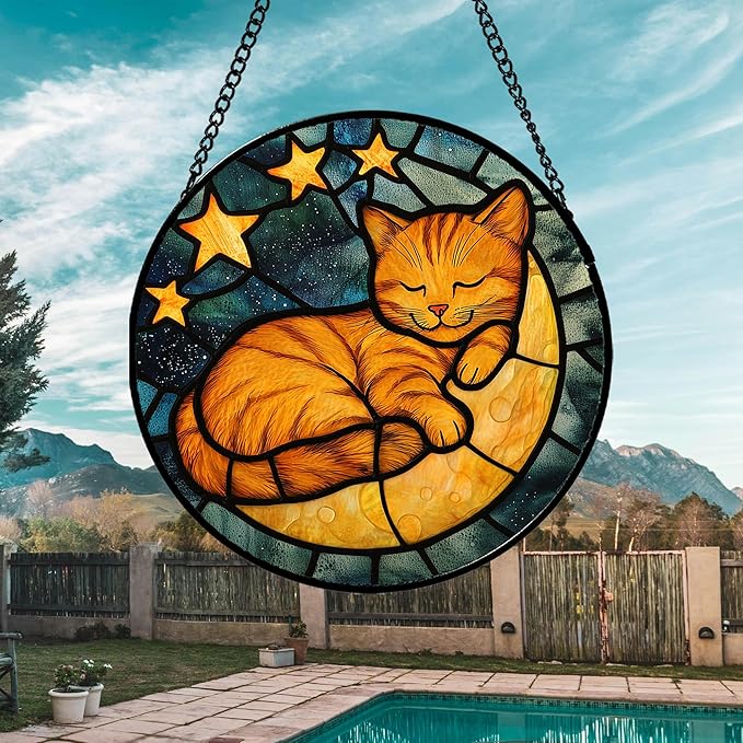 Stained Glass Window Hanging - Orange Cat Sun Catcher for Door Home Decor Stars and Moon Suncatcher Christmas Mother's Day Birthday Loss of a Pet Gifts for Women Men Mom Nana 11.8 in