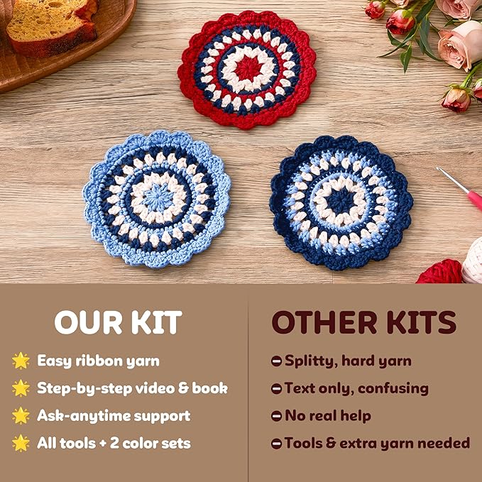 OAKWOOMA Crochet Kit for Beginners, Easy Arts and Crafts Knitting & Crochet Coaster Kit with Step-by-Step Video Tutorials, Crochet Starter Kits for Adults, Teens, Kids (Mandala)