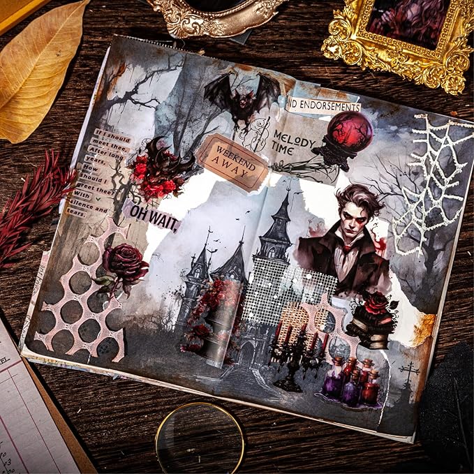 180-Piece Gothic Vampire Scrapbook Stickers – Vintage Medieval Red Dark Horror Aesthetic Witches, Vampires, Roses, Skeletons Decals for Halloween Crafting, Journaling, Art Projects, Planners