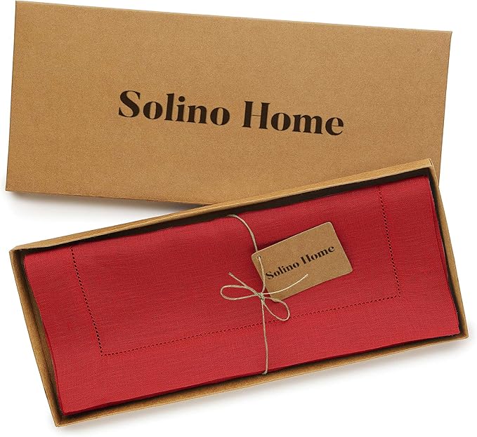 Solino Home Linen Red Table Runner 108 Inches Long - 100% Pure Linen 14 x 108 Inch Table Runner for Valentines, Winter - Classic Hemstitch