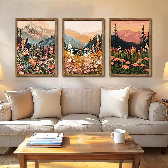 Boho Colorful Landscape Wall Art Set of 3, Vintage Wildflower Mountain Canvas Wall Decor Paintings, Rustic Nature Floral Pictures Prints for Living Room Bedroom 16x24 Inch Wood Framed