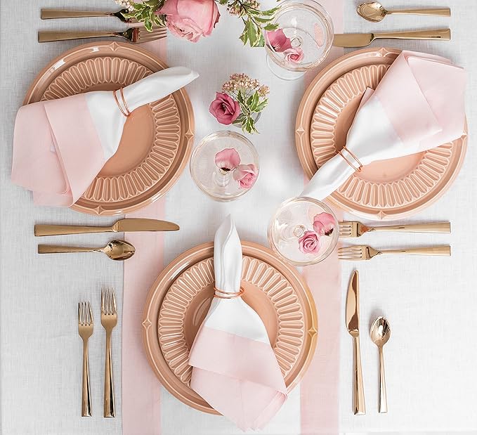 Solino Home Linen Table Runner 48 Inches - 100% Pure Linen Blush Pink and White Table Runner 14 x 48 Inch Ideal for Dresser and Coffee Tables, Valentines, Spring, Easter - Contempo