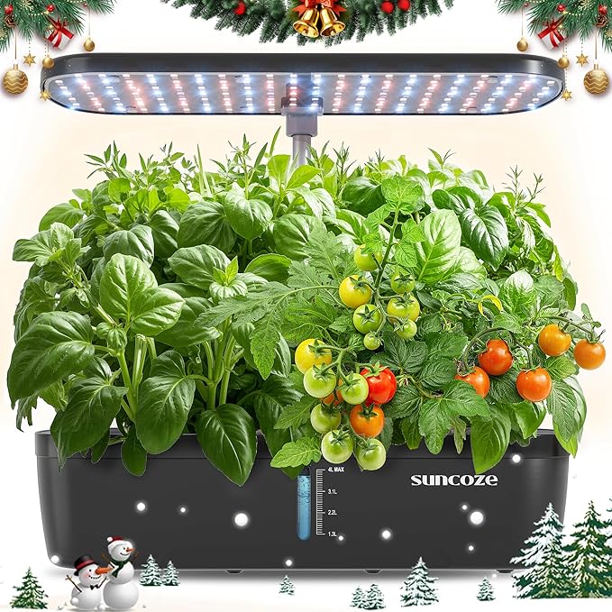SUNCOZE Hydroponics Growing System Kit 12 Pods, Indoor herb Garden with 20W LED Grow Light, Visible Water Tank with Pump, 2.2"-12.4" Adjustable Height Indoor Gardening System, Gardening Gifts, Black
