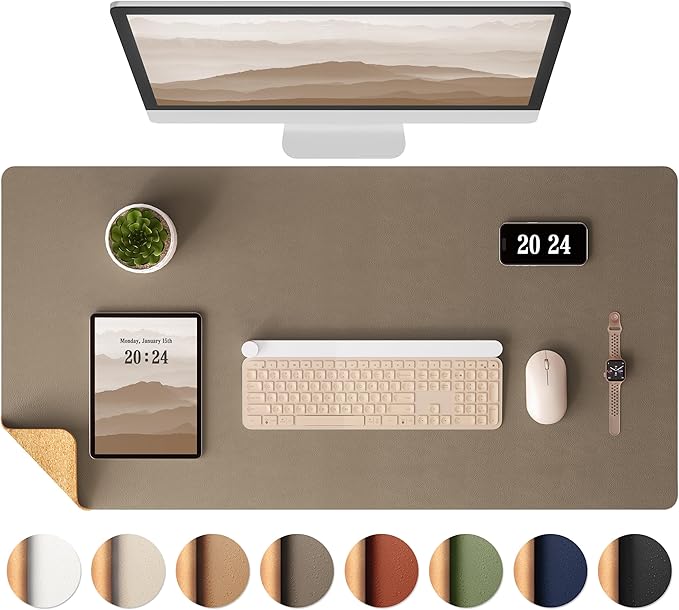 Aothia Dual-Sided Desk Mat - Leather & Cork Desk Protector, Large Mouse Pad & Writing Pad for Office/Home, Coffee (25.6"x13.7")
