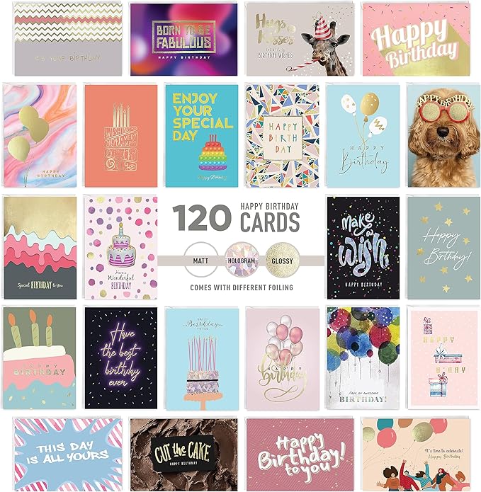 easykart labels 120 Birthday Cards Assortment with Greetings Inside. For Businesses and Individuals, 4x5.5 Inch Assorted Foiling Cards with Envelope with Sealing Stickers