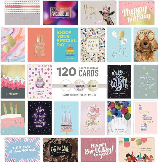 easykart labels 120 Birthday Cards Assortment with Greetings Inside. For Businesses and Individuals, 4x5.5 Inch Assorted Foiling Cards with Envelope with Sealing Stickers