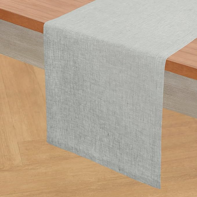 Solino Home Linen Table Runner 120 Inches Long - Athena, 100% Pure Linen Chambray Grey Table Runner 14 x 120 Inch for Dining