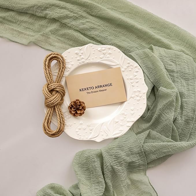 Keketoarrange 10pcs Sage Green Spring Easter Cheesecloth Table Runner 120 Inch 10 FT Rustic Boho Cheese Cloth Runner for Wedding Baby Shower Bridal Shower Sheer Gauze Centerpiece Home Decorations