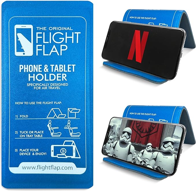 Airplane Phone Holder, Flexible Cell Phone Holder, Folding Cellphone Stand for Desk, Bed, Office, Treadmill - Airplane Gadgets for Long Travel Accessories - Plane Essentials (Blue)