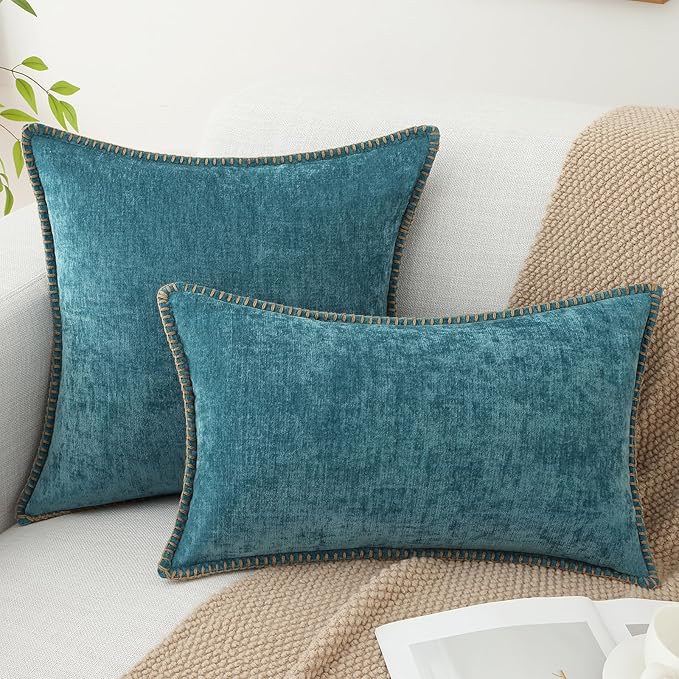 decorUhome Spring Chenille Soft Throw Pillow Covers 16x16 Set of 2, Farmhouse Velvet Neutral Decorative Pillow Covers with Stitched Edge for Couch Sofa Bed Home Decor, Teal