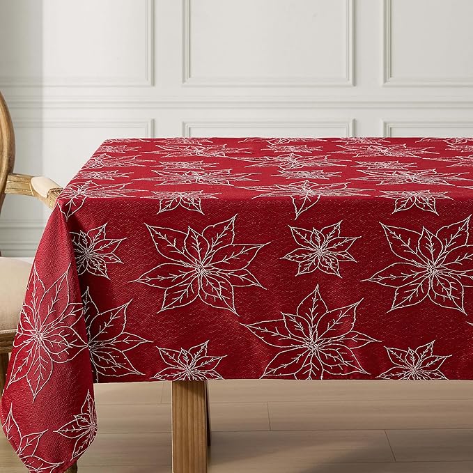 Laura Ashley Tablecloth Raised Woven Embroidered Jacquard Fabric, Wrinkle Resistant for Dining, Holiday, Party, Wedding or Banquet, 60" x 144", Poinsettia Red