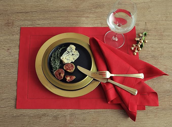Solino Home Red Linen Napkins Set of 4-100% Pure Linen Hemstitch Dinner Napkins 20 x 20 Inch for Valentines, Winter - Classic Hemstitch
