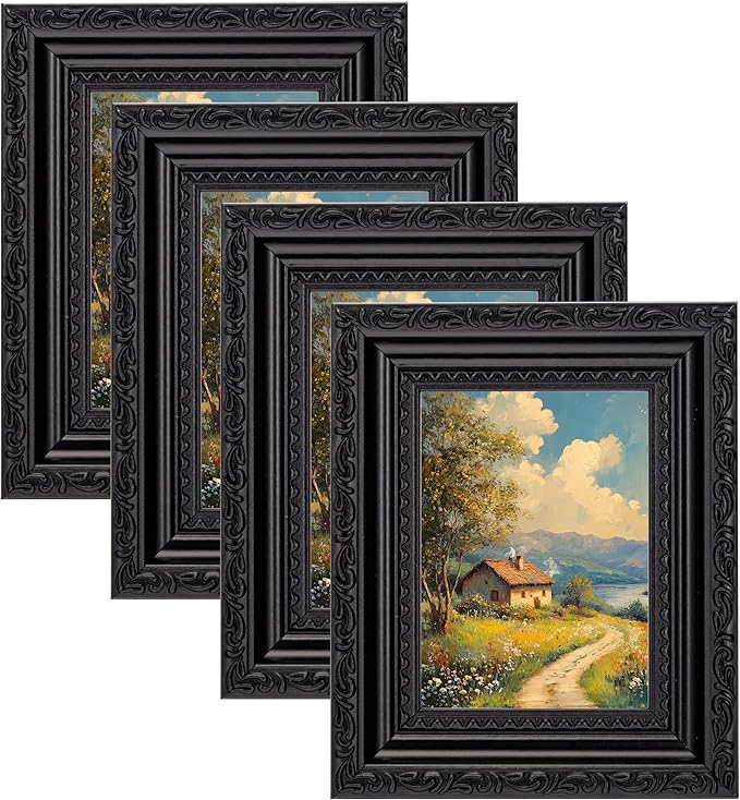 eletecpro 3x4 Picture Frames Set of 4, Ornate Vintage Photo Frames with Glass, Rustic Gothic Frame Displays 3x4 Photo for Tabletop, Black