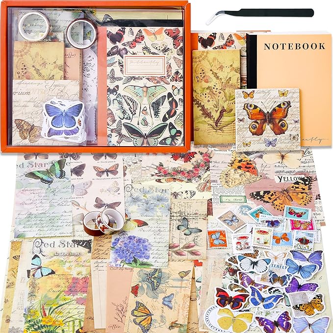 emmoolife Vintage Aesthetic Scrapbooking Supplies Kit, Butterfly Junk Journal Scrapbook Kit with Journaling Supplies, A6 Grid Notebook, Stationery, Birthday Craft Gift Set for Teen Girl Kid Women