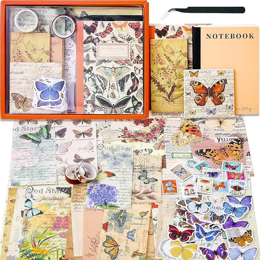 emmoolife Vintage Aesthetic Scrapbooking Supplies Kit, Butterfly Junk Journal Scrapbook Kit with Journaling Supplies, A6 Grid Notebook, Stationery, Birthday Craft Gift Set for Teen Girl Kid Women