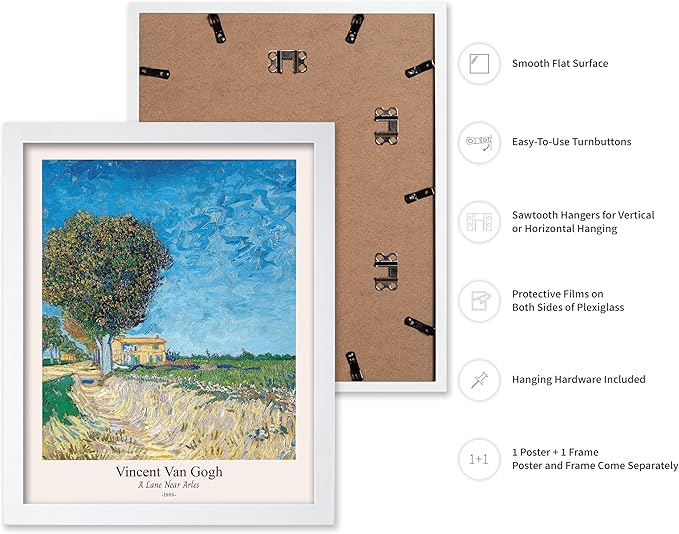 Monem Art Vintage Van Gogh Poster - Retro A Lane near Arles Print - Impressionism Art - Fine Art - Classic Painting Art - Landscape Art - Great Bedroom or Office Decor - 8x10 White Framed