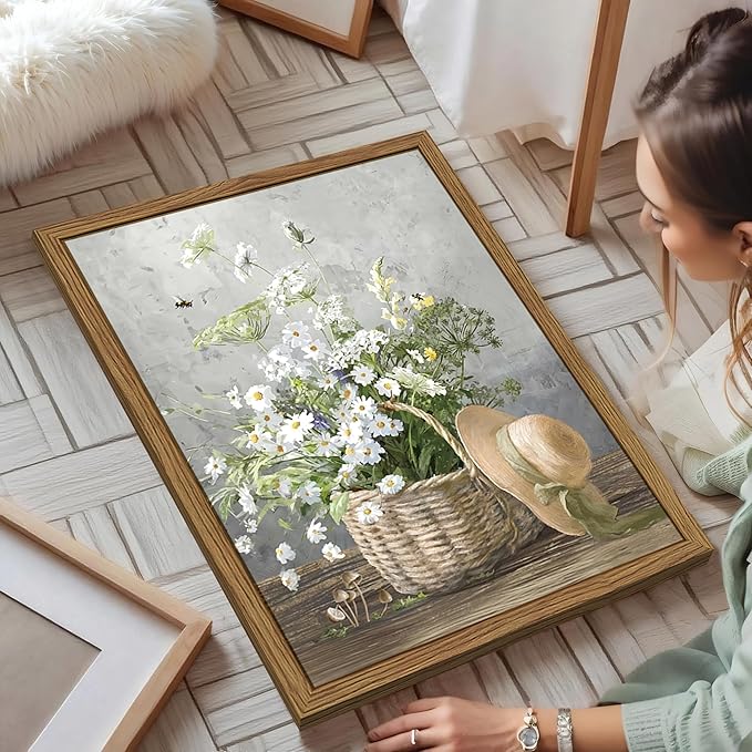 Framed Rustic Daisy Canvas Wall Art, Vintage Farmhouse Floral Pictures Wall Decor, Country Flower Botanical Paintings Prints Aesthetic Home Decor for Living Room Bathroom Bedroom 16X24 inch