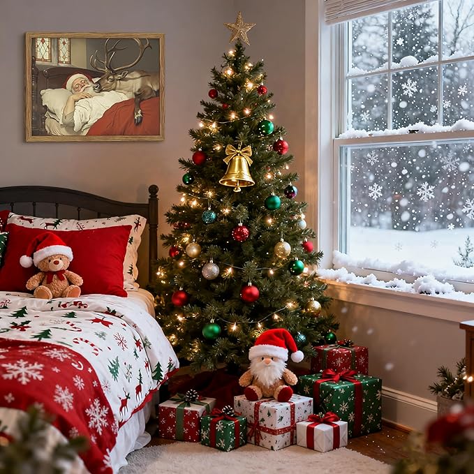 Framed Christmas Wall Art, Vintage Santa Claus and Reindeer Canvas Prints Winter Holiday Home Decor Christmas Wall Decor for Bedroom Living Room – 16x24in