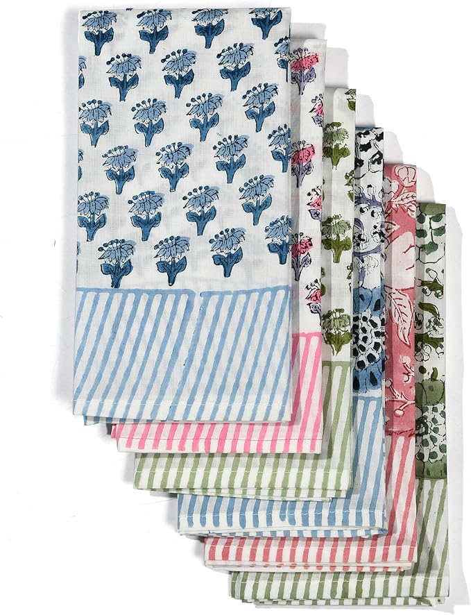 CPC Cloth Napkins 100% Cotton Set of 4 Reusable Napkins, Indian Block Print Toile Floral Dinner Napkin, Fall Thanksgiving Christmas Holiday Party Gift - Soft Absorbent Napkin, 18"x18" Stripe Border