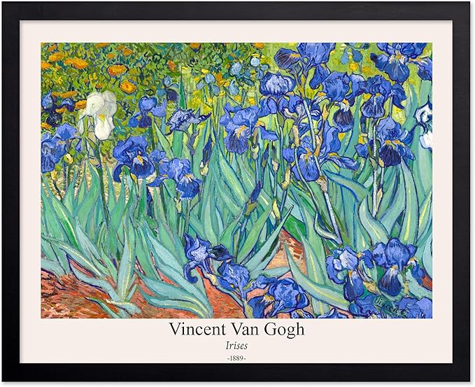 Monem Art Vintage Van Gogh Poster - Retro Irises Print - Impressionism Art - Floral Art - Fine Art - Flower Art - Classic Painting Art - Aesthetic Living Room Wall Decor - 16x20 Black Framed