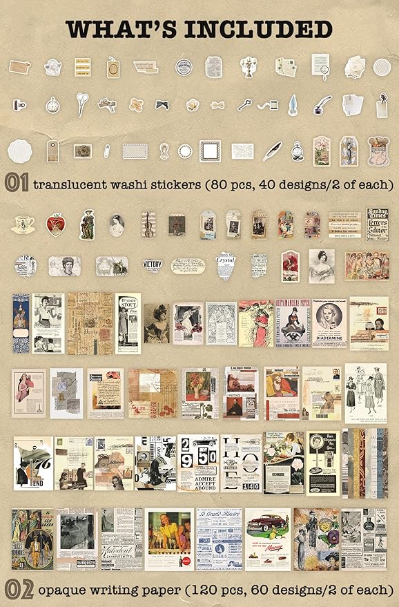 Knaid 200 Pieces Vintage Ephemera Pack Decoupage Paper Junk Journal Kit Scrapbook Planner Sticker Supplies for Art Journaling Bullet Journals Collage Craft Notebooks Album Crafter Gifts (Retro Style)