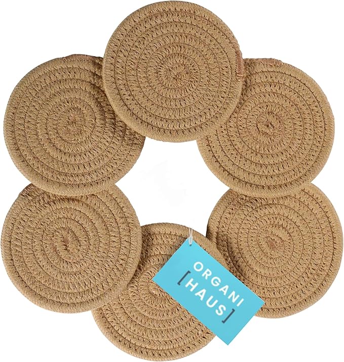 OrganiHaus Drink Coasters Set of 6, Absorbent Cotton Woven Cup Coasters, Rustic Farmhouse Boho Decor for Coffee Table and Drinks Protection, Cute Coaster for Drinks, Coaster for Office Desk - Honey