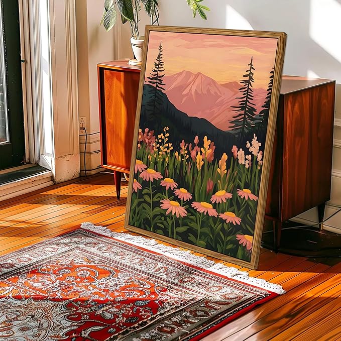 Floating Framed Large Boho Colorful Mountain Wall Art Set of 3, Vintage Wildflower Landscape Canvas Wall Decor Paintings, Nature Floral Forest Posters Pictures Prints for Living Room 16x24 Inch