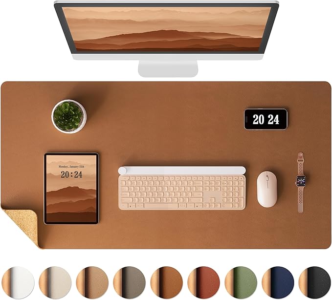Aothia Double-Sided Desk Pad, 37.8"x17" Leather Desk Mat, Eco Cork Desk Pad Protector,Large Mouse Pad,Waterproof Desk Blotter for Office/Home(Brown)