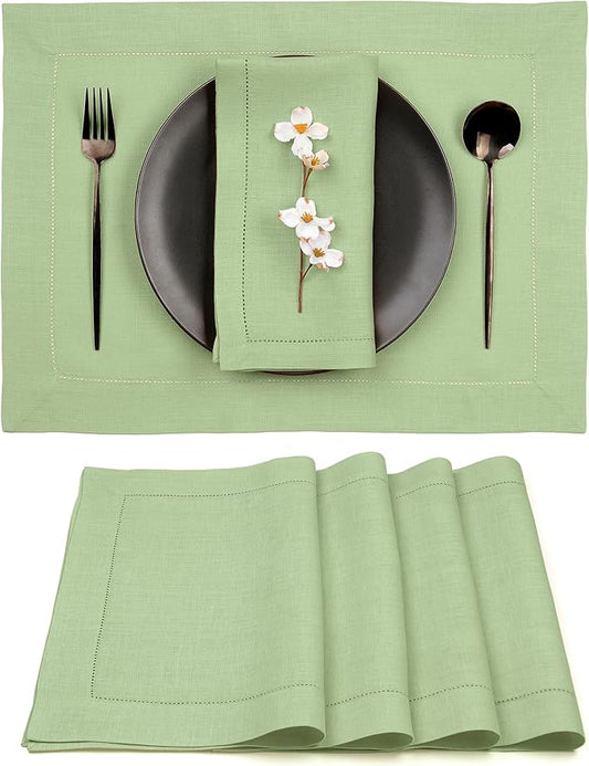 D'Moksha Homes Sage Green Linen Cloth Placemats Set of 4-100% Pure Linen Hemstitch Placemats 14 x 19 Inch - Classic Hemstitch Table Place Mats for St Patricks Day, Easter - Machine Washable