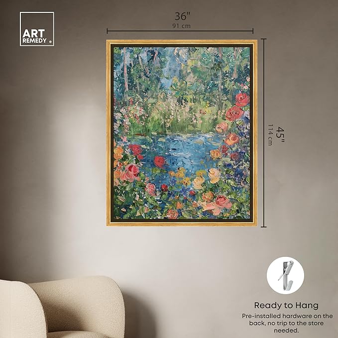 Art Remedy Serene Escape Framed Impressionism 1 Piece Canvas Wall Art/Monet And Van Gogh Inspired Art, 37.5" x 46.5", Gold Frame