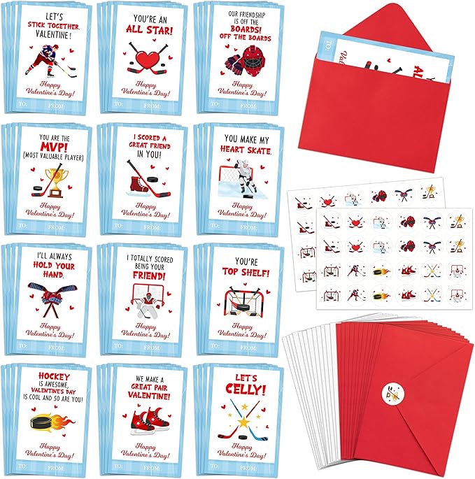 TICIAGA 144pcs Valentine’s Day Ice Hockey Greeting Cards with Envelop and Stickers for Kids, 4 x 6 IN Sporty Design Hockey Exchange Gift Cards for Boys Girls Classroom Supplies, Valentines Party Favors