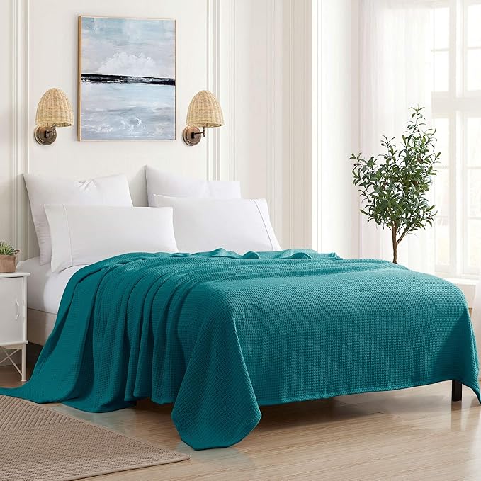 100% Fine Cotton Blanket Luxurious Weave Stylish Design Soft and Comfortable All Season Warmth, Full/Queen, Teal (Pack of 6)
