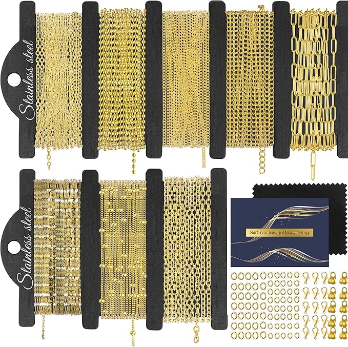 18k Gold Plated Stainless Steel Necklace Chains for Jewelry Making 49FT 8 Style Gold Necklace Chains Bulk with Lobster Clasps and Jump Rings Connectors for DIY Necklaces Bracelet Jewelry Making