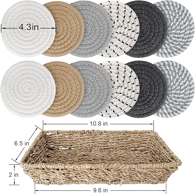 12 Pcs Handmade Woven Coasters for Drinks, Absorbent and Insulating Cotton Coasters with Seagrass Basket Holder set, Boho Perfect for Coffee Table and Home Decor