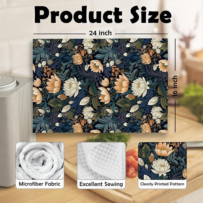 Retro Boho Floral Decor Kitchen Dish Towels Set of 2, Vintage Bohemian Flower Decor for Kitchen Bathroom, Botanical Black Landscape Hand Towels Tea Towels Farmhouse Decorations, 16x24inch