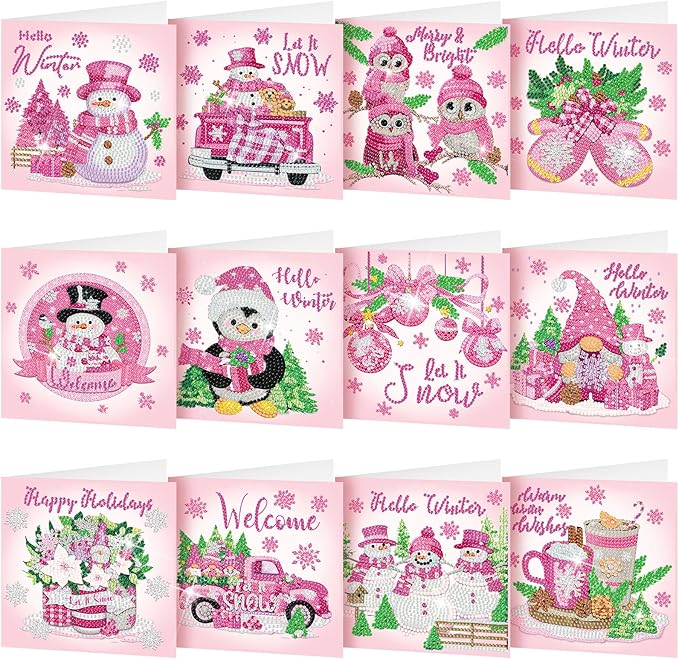 Saillong 12 Pack Pink Christmas Diamond Painting Greeting Card Kits Winter Diamond Art Cards with Envelopes Snowman 5D Rhinestones Painting Making Kits for Adults DIY Craft Family Friend Holiday Gifts