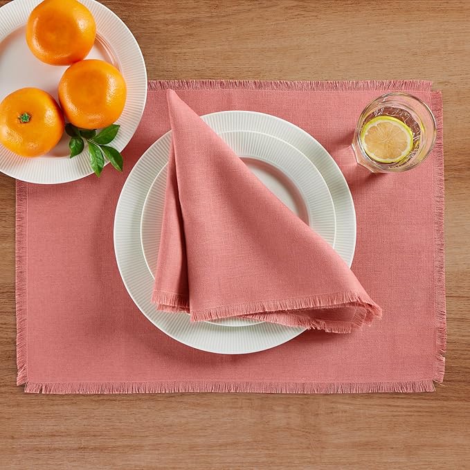 Solino Home Dusty Rose Linen Napkins Set of 4-100% Pure Linen Fringe Dinner Napkins 20 x 20 Inch for Valentines, Spring, Easter