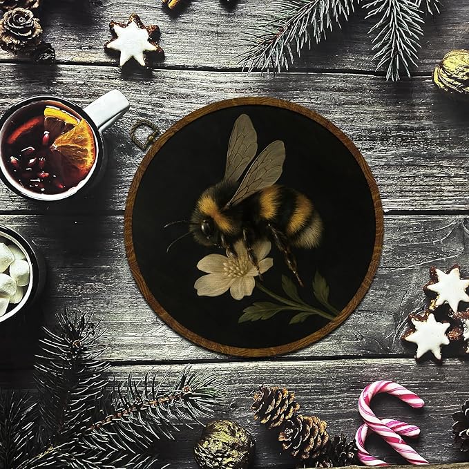 KLYTINK Vintage Bee Round Wall Art,Botanical InsectCanvas Prints with Frame, Bee Dark Floral Naturalist Decor for Kitchen, Study, or Bedroom(Bee-02)