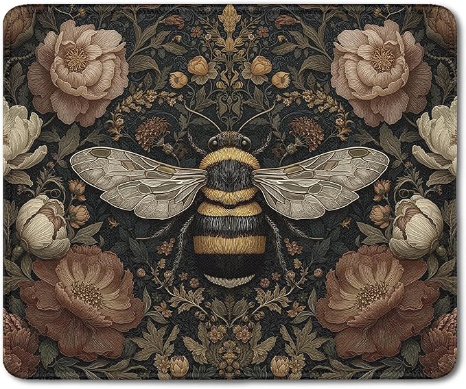 Vintage Floral Bee Mouse Pad, Dark Contemporary Botanical Bumblebee Mouse Pads Mousepad for Desk Home Office Dorm Laptop, Cottagecore Nature Office Supplies Desk Accessories, 9.5x7.9 Inch