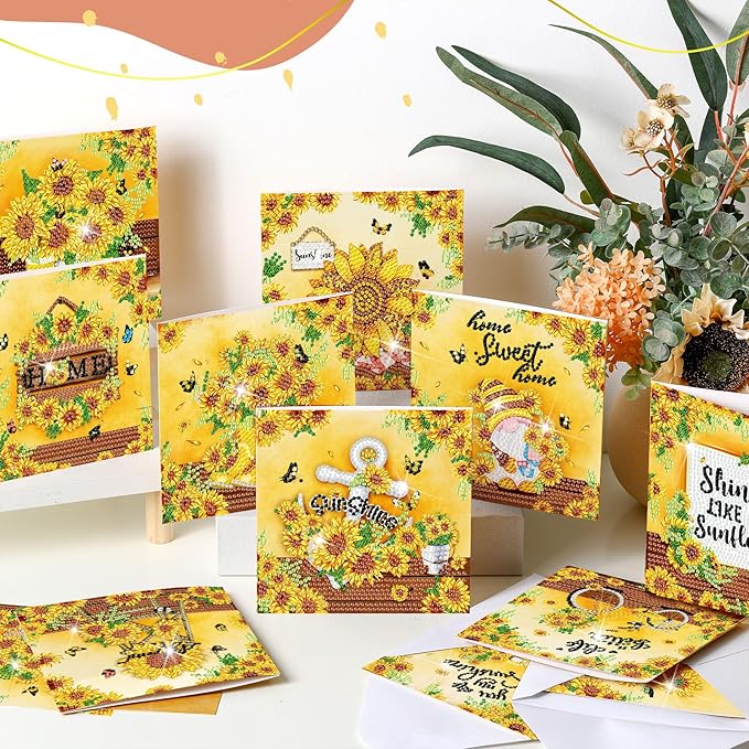 Saillong 12 Pack Sunflower Diamond Painting Greeting Card Kits DIY Diamond Art Cards with Envelopes Summer Flowers Gnome 5D Rhinestones Painting Card for Adults DIY Crafts Family Friend Birthday Gifts