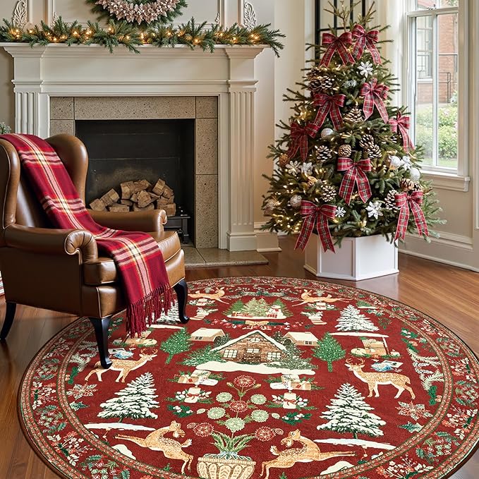jinchan Round Christmas Rug for Living Room 6ft Maroon Circle Holiday Rug for Bedroom Printed Christmas Tree and Cabin 6' Winter Xmas Decor Washable Indoor Carpet for Dining Room Foyer Non-Slip