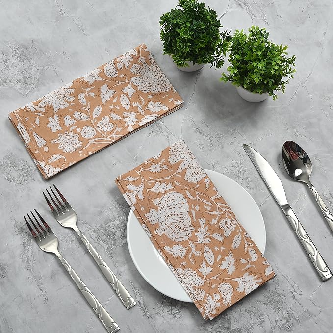 CPC Cloth Napkins 100% Cotton Set of 4 Reusable Napkins, Indian Block Print Toile Floral Dinner Napkin, Fall Thanksgiving Christmas Holiday Party Gift - Soft Absorbent Napkin, 18"x18" Light Peach