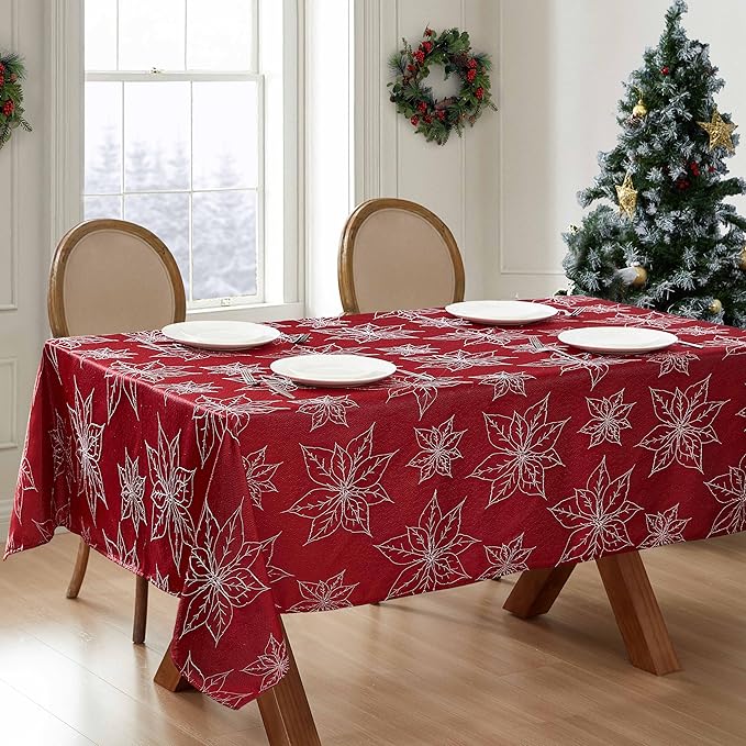 Laura Ashley Tablecloth Raised Woven Embroidered Jacquard Fabric, Wrinkle Resistant for Dining, Holiday, Party, Wedding or Banquet, 60" x 102", Poinsettia Red