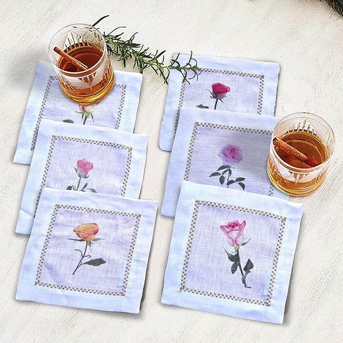 Cocktail Napkins Set of 6, 6x6 inch, 100% Linen, Printed Floral Design, Reusable & Washable Napkin Coasters for Beverages, Parties, Weddings & Everyday Use (Rose)