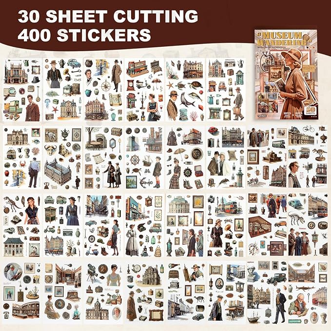 Scrapbooking Stickers 400 Pre-Cut Washi Stickers & 20 Scrapbook Papers Museum Vintage Sticker Books for journaling Scrapbooking Supplies