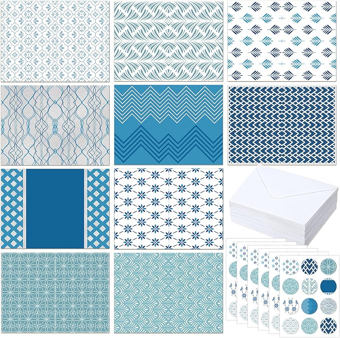100 Pcs Blue Hue Floral Design Blank Greeting Cards 4x6, Geometric Silver Foil Blank Cards, 10 Designs, Great Stationary Set for All Occasions with Matching White Envelopes and Stickers