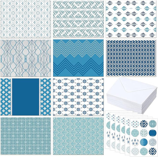 100 Pcs Blue Hue Floral Design Blank Greeting Cards 4x6, Geometric Silver Foil Blank Cards, 10 Designs, Great Stationary Set for All Occasions with Matching White Envelopes and Stickers