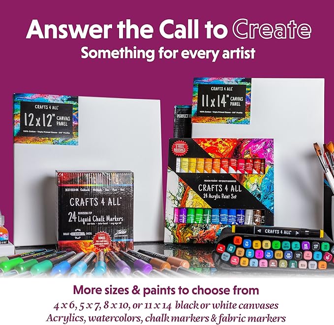 Crafts 4 All Acrylic Paint Set for Adults and Kids - 12 Pack of 12mL Paints with 12 Art Brushes & 4 Stretched Canvas Boards, Non-Toxic Craft Paint for Easter Eggs, Ceramic Rock Paint - Art Supplies