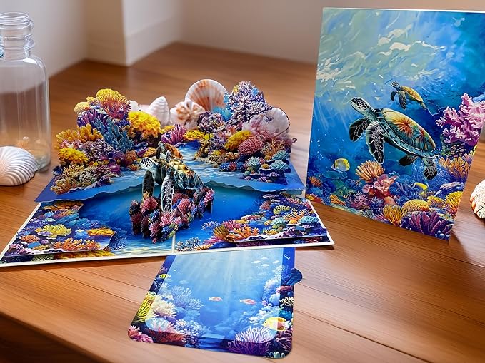 3D Pop Up Greeting Card – Handmade Sea Turtle with Baby Card – Ocean Coral Reef Scene – Mother & Baby Turtle 3D Card for Birthday, Retirement, Nature & Ocean Lovers
