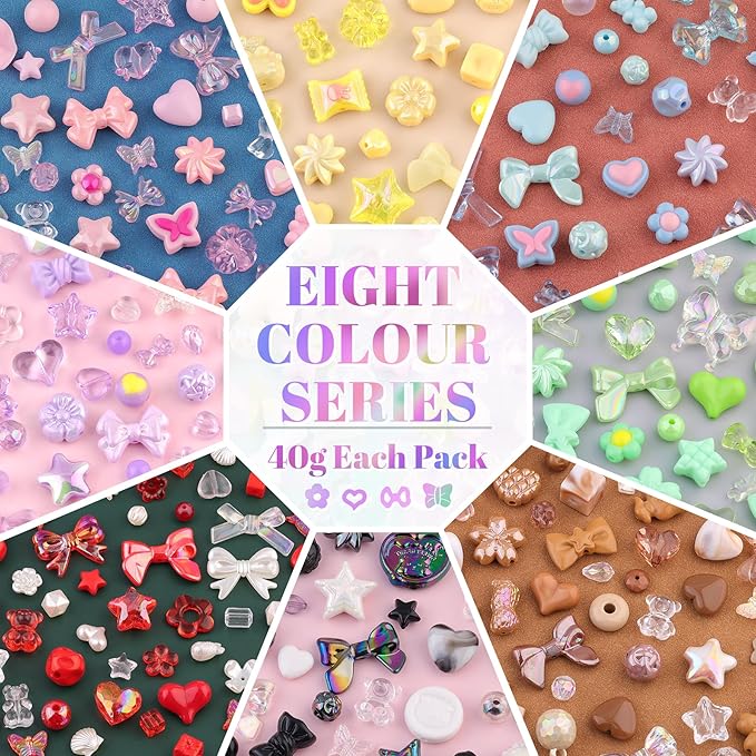 500-550PCS TINKRSTUFF Assorted Acrylic Beads, 8 Colors Mixed Cute Beads for Bracelet Making, Bow Aesthetic GummyBear Flower Butterfly Kawaii Charms for Jewelry Making DIY Necklace Keychain Phone Charm